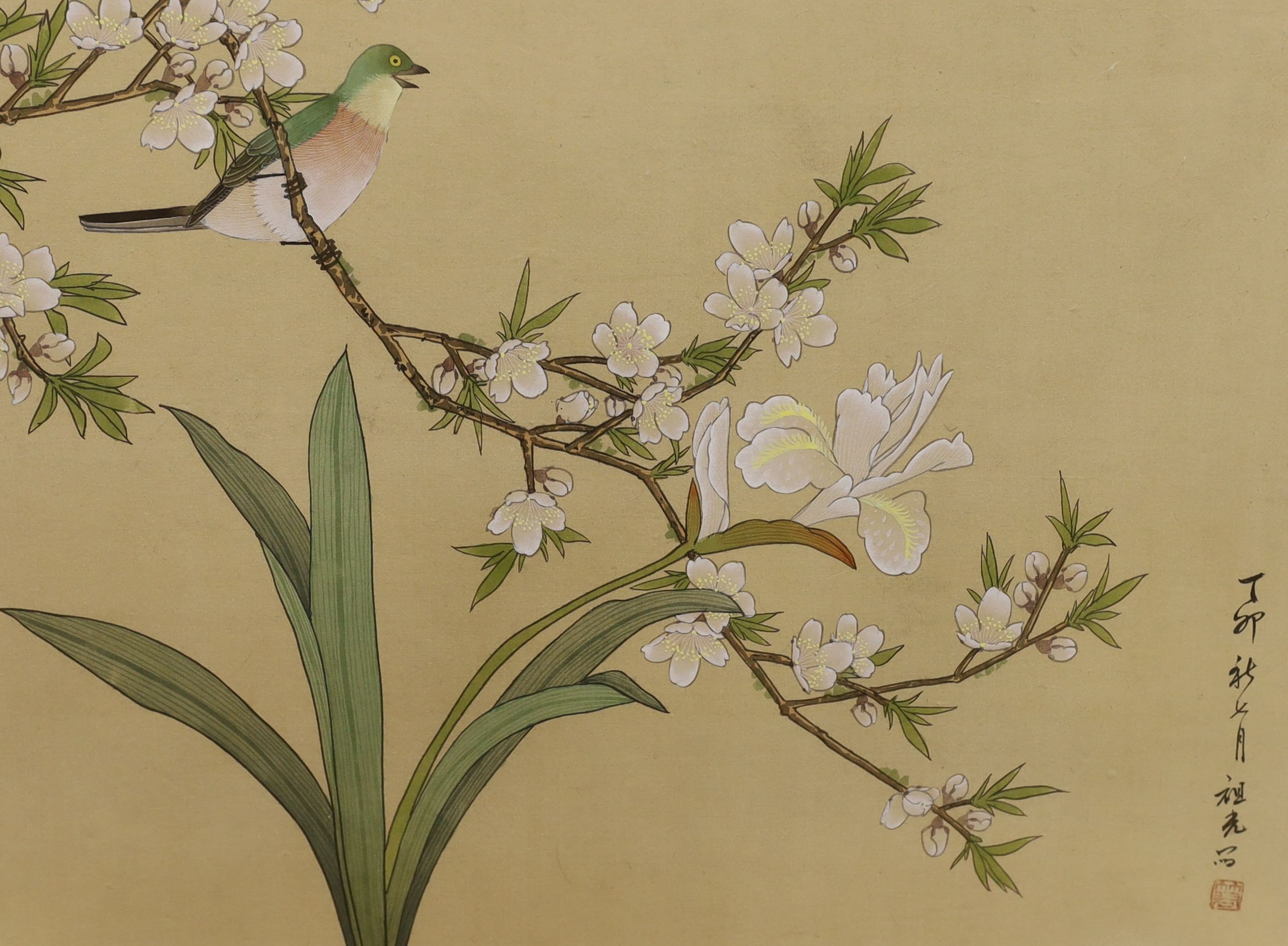 Chinese School, six watercolour and gouache on silk, Studies of birds and flowers, largest 68 x 33cm